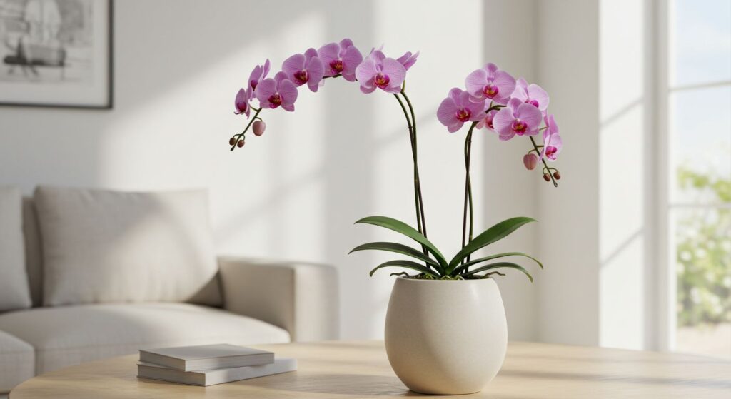 Orquídea Phalaenopsis rosa, exuberante e cheia de flores, em um vaso de cerâmica elegante em um ambiente sofisticado.