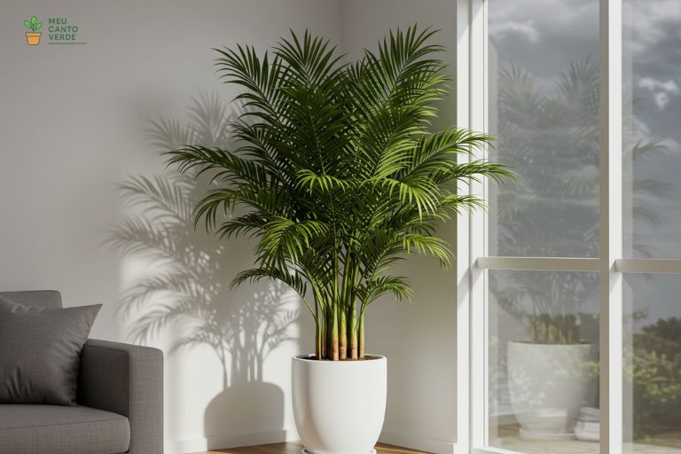 Palmeira Areca de grande porte em um vaso de chão, uma planta segura que traz um toque tropical para a decoração.