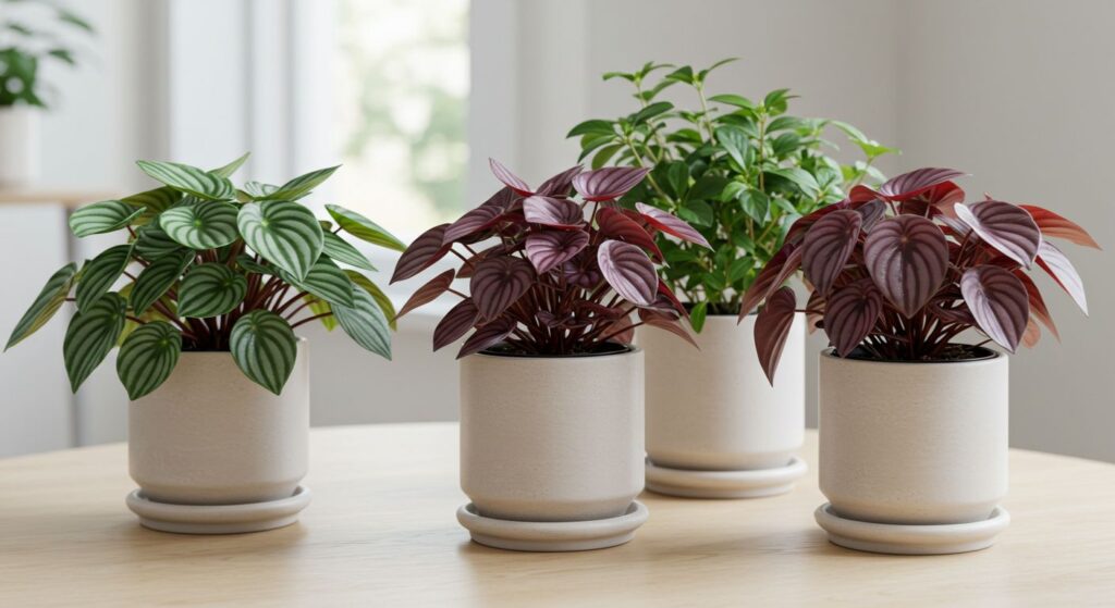 Composição elegante com quatro variedades diferentes de Peperômias em vasos bonitos, mostrando a diversidade do gênero.