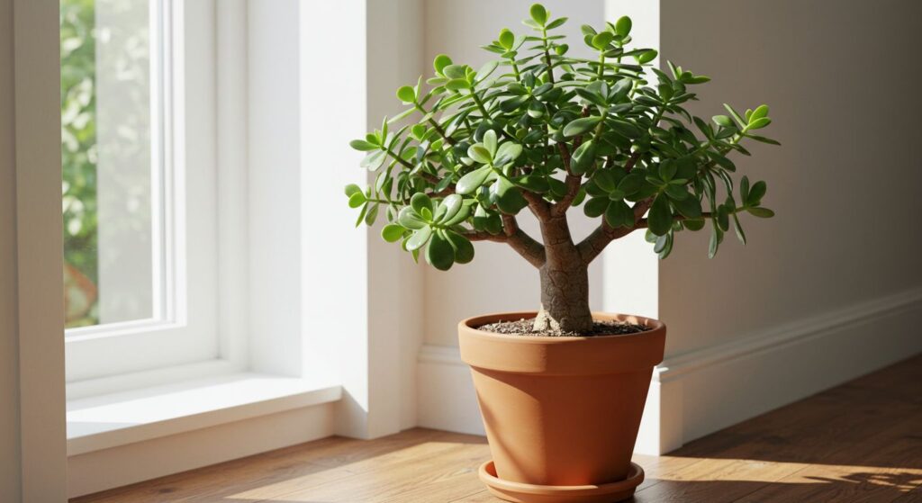 Planta-Jade madura e saudável, com a aparência de uma pequena árvore, em um vaso de terracota em um ambiente bem iluminado.