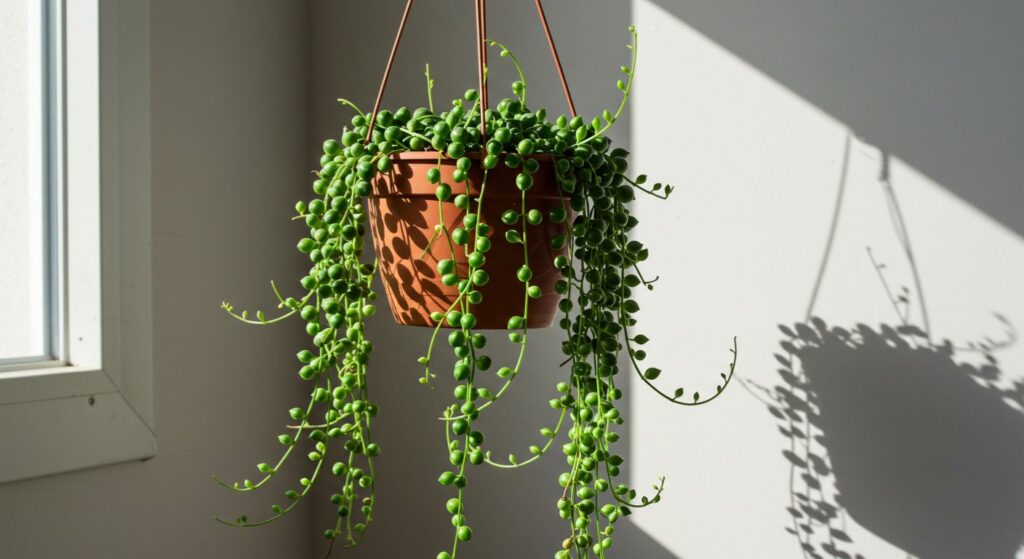 Planta-Rosário exuberante e longa, caindo em cascata de um vaso suspenso de terracota em um ambiente bem iluminado.