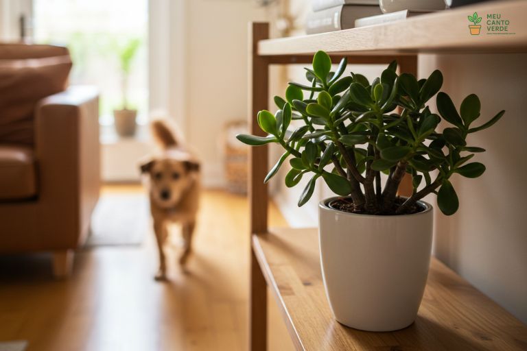 Planta-Jade posicionada em uma prateleira alta, em um local seguro e fora do alcance de um gato que está no chão.