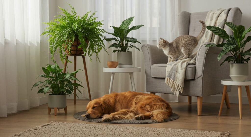 Cena acolhedora de uma sala de estar com várias plantas seguras, como Samambaia e Calathea, e um cachorro e um gato relaxando pacificamente no mesmo ambiente.