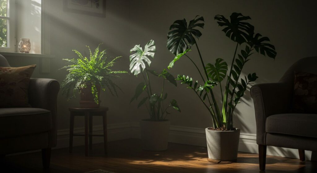 Canto de sala elegante, com pouca luz natural, decorado com uma Zamioculca no chão e uma Samambaia em um suporte.