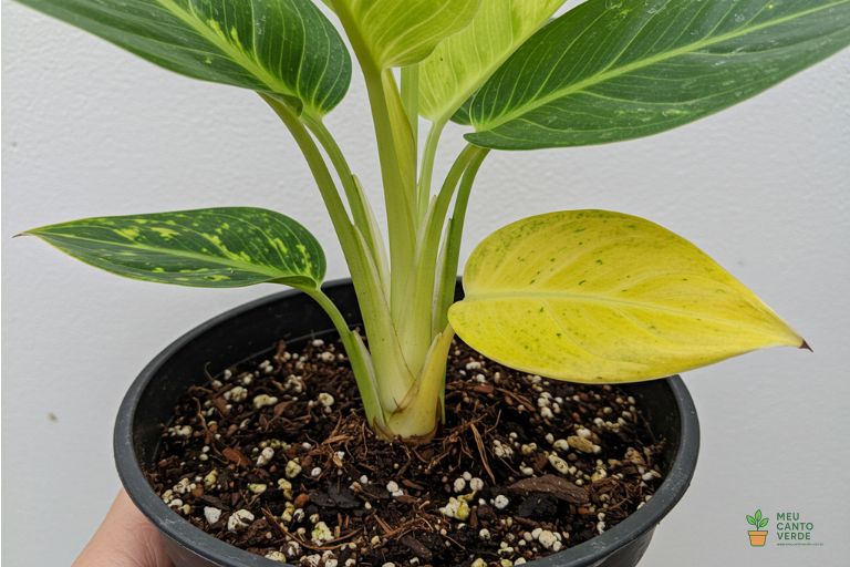 Close-up da base de uma Aglaonema mostrando folhas inferiores amareladas, um sinal de excesso de rega.