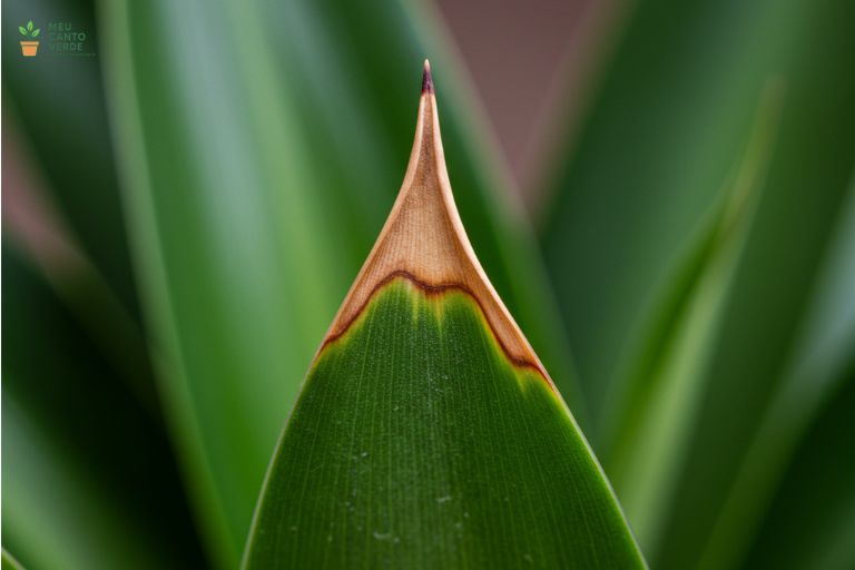 Close-up de uma folha de Dracena com a ponta visivelmente marrom e seca, ilustrando o problema da sensibilidade à água.