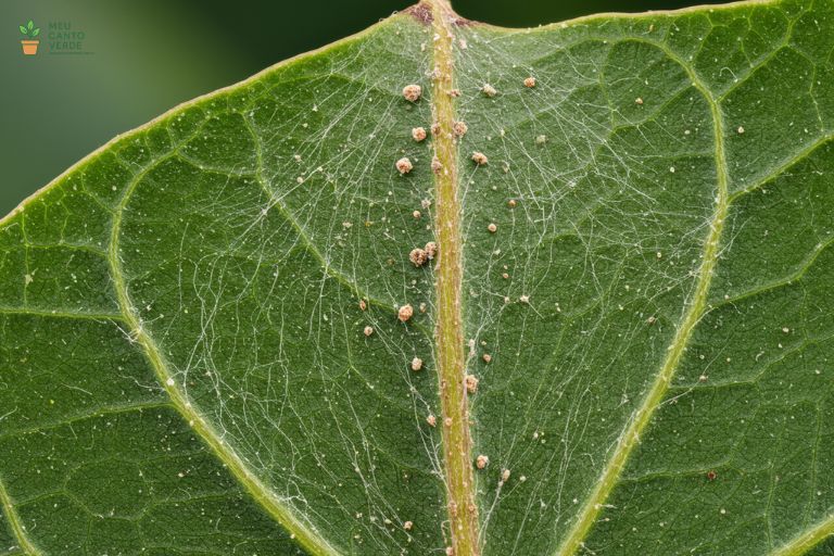 Imagem macro mostrando as teias finas e quase imperceptíveis de ácaros-aranha na parte de baixo de uma folha de Hera.