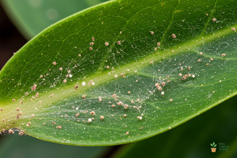 Imagem macro mostrando as teias finas de ácaros-aranha na parte de baixo de uma folha de Alocasia.