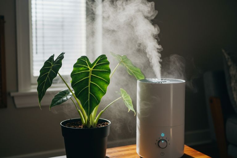 Umidificador de ar moderno funcionando ao lado de uma Alocasia, criando uma atmosfera tropical ideal para a planta.