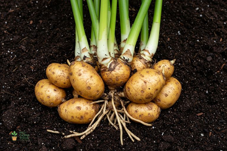 Rizomas da Zamioculca expostos sobre a terra, parecidos com batatas, que armazenam água e nutrientes.