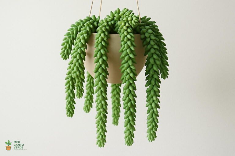 Suculenta Dedo-de-moça (Sedum morganianum) em um vaso suspenso com suas hastes caindo em cascata.