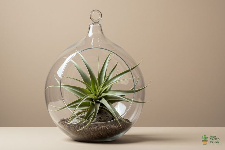 Tillandsia (Planta Aérea) em um terrário de vidro, uma planta moderna, fácil de cuidar e segura para pets.