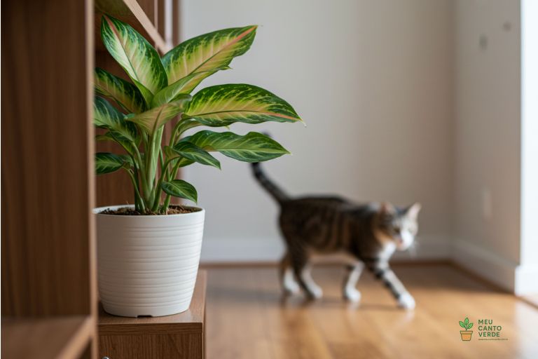 Aglaonema posicionada em uma prateleira alta, em um local seguro e fora do alcance de um gato.