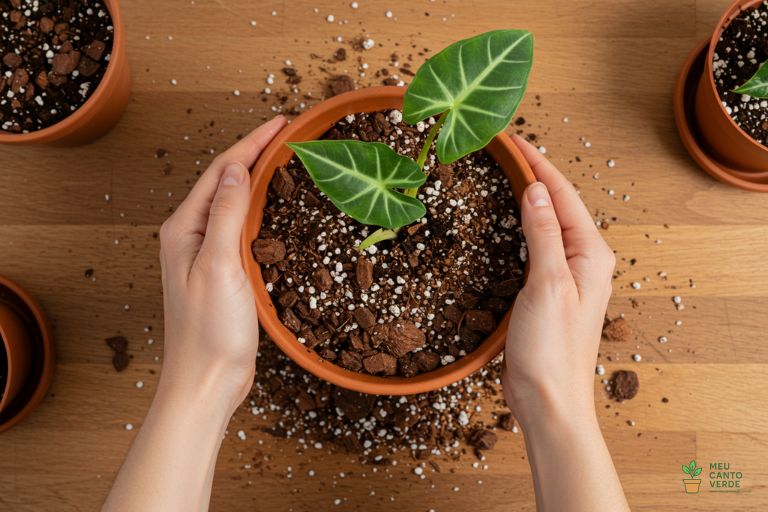 Mãos preparando um substrato extremamente leve e aerado, com casca de pinus e perlita, para o plantio de uma Alocasia.