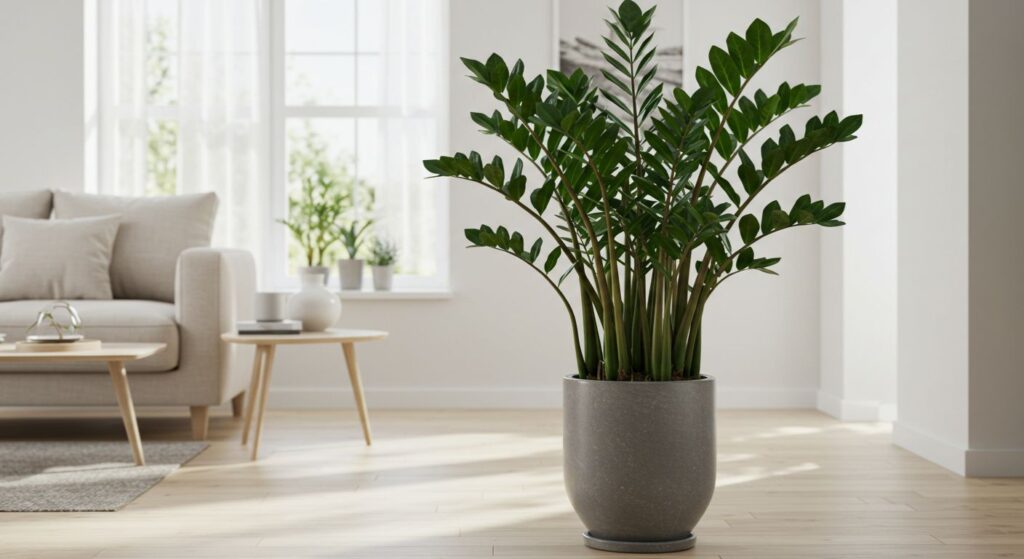 Zamioculca exuberante em um vaso cinza, decorando uma sala de estar clara e minimalista.