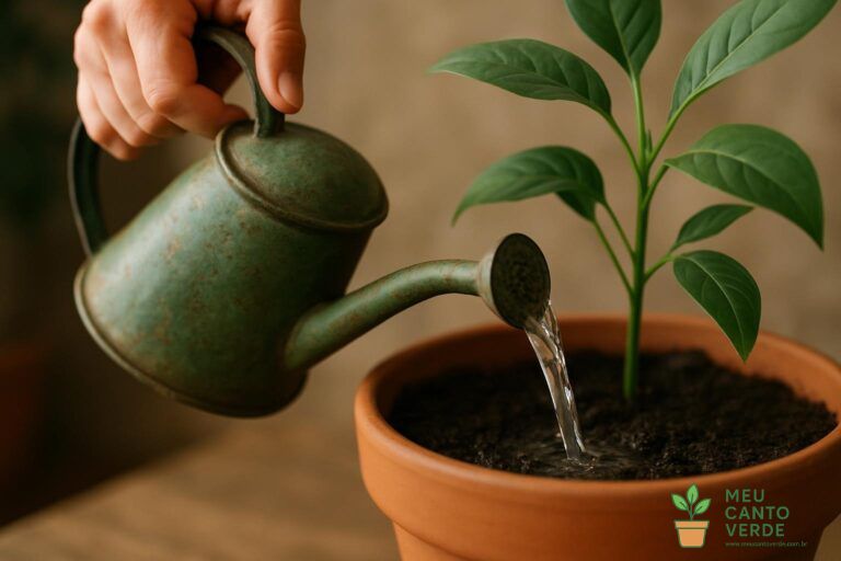 Mão de uma pessoa aplicando adubo líquido diluído no solo de um vaso, com cuidado para não molhar as folhas.
