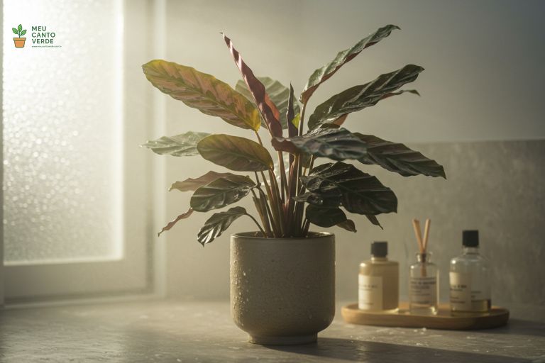 Calathea saudável em um banheiro com vapor, demonstrando o ambiente de alta umidade e luz indireta ideal para a planta.