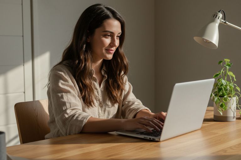 Clara trabalhando em seu laptop em um home office claro e organizado, com uma pequena planta na mesa para ajudar na concentração.