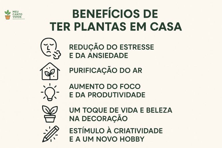 Infográfico listando 7 benefícios de ter plantas em casa, incluindo redução do estresse, purificação do ar e aumento do foco.