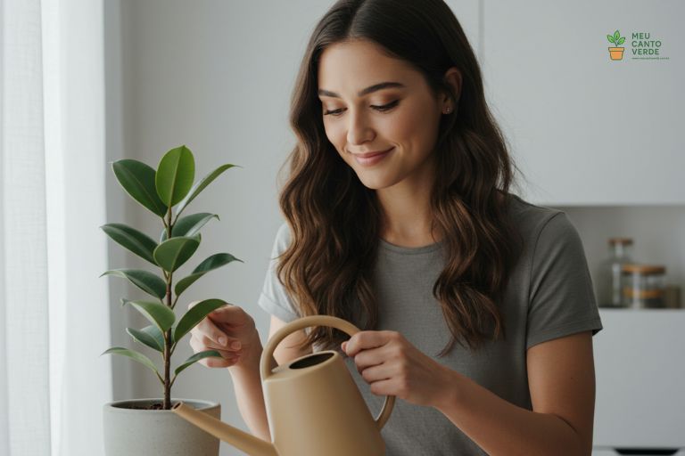 Clara sorrindo de forma contente enquanto rega uma pequena planta Ficus em um vaso de terracota.