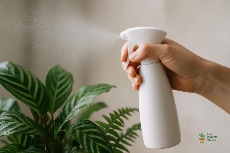 Mão usando um borrifador para criar uma névoa de umidade em volta das folhas de uma planta de interior.