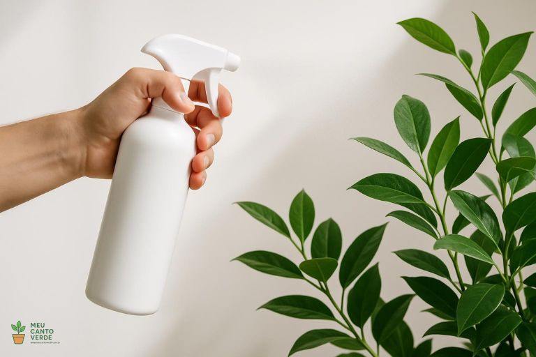 Mão aplicando Óleo de Neem em uma planta de interior com um borrifador branco.
