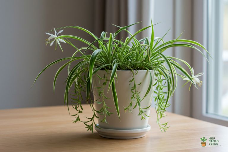 Planta Clorofito, ou Planta-Aranha, em um vaso branco, com seus 'bebês' pendentes.
