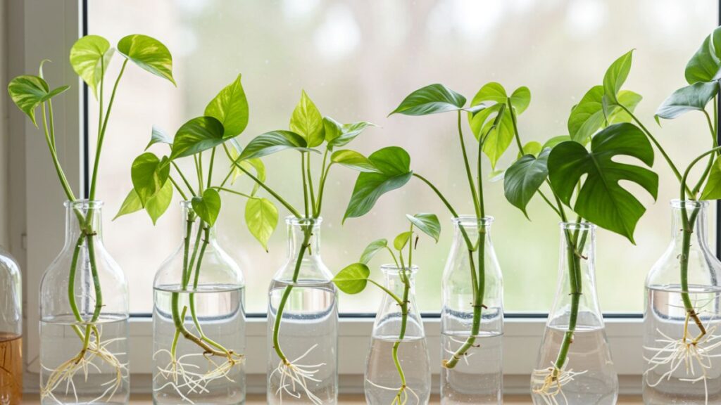 Estação de propagação em uma prateleira de madeira com várias mudas de plantas em vasos de vidro com água, mostrando as raízes crescendo.