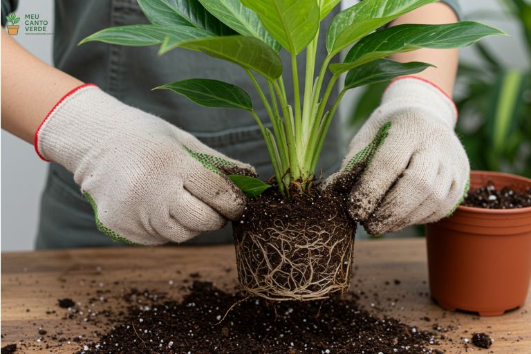 Mãos com luvas separando cuidadosamente a touceira de uma Aglaonema na base durante o replantio.