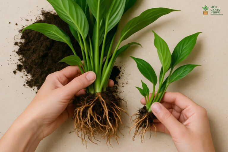 Mãos separando cuidadosamente uma touceira de Lírio-da-Paz para fazer mudas.