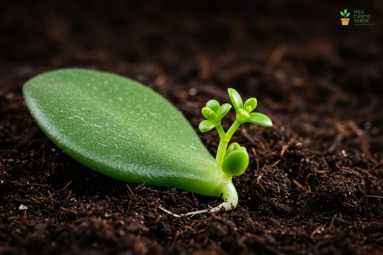 Uma única folha de Planta-Jade sobre a terra, com pequenas raízes e um broto de uma nova planta surgindo da base.