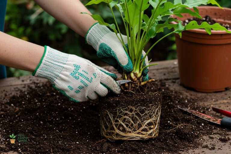 Mãos com luvas separando cuidadosamente a touceira de uma samambaia para o replantio e criação de mudas.
