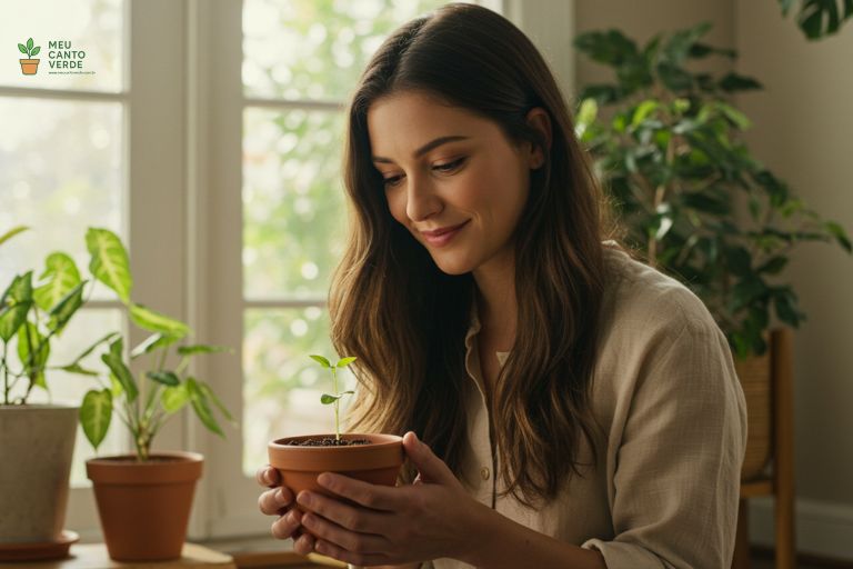 Clara sentada no chão de sua sala, observando com carinho um pequeno broto de planta crescendo em um vaso, representando a conexão com os ciclos da natureza.