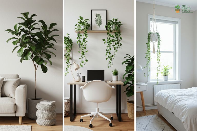 Galeria de inspiração com três fotos de decoração com plantas: uma sala com Ficus, um home office com Jiboias e um quarto com Colar-de-pérolas.