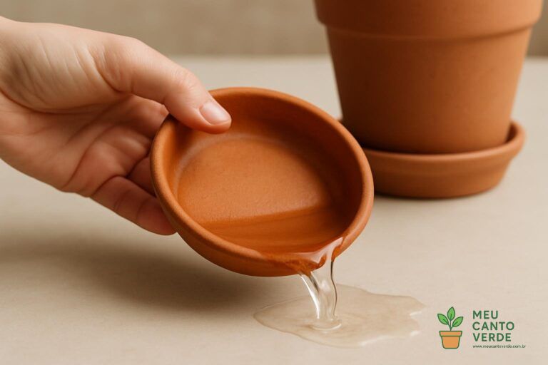 Mão descartando o excesso de água acumulada no pratinho de um vaso para evitar o apodrecimento das raízes.