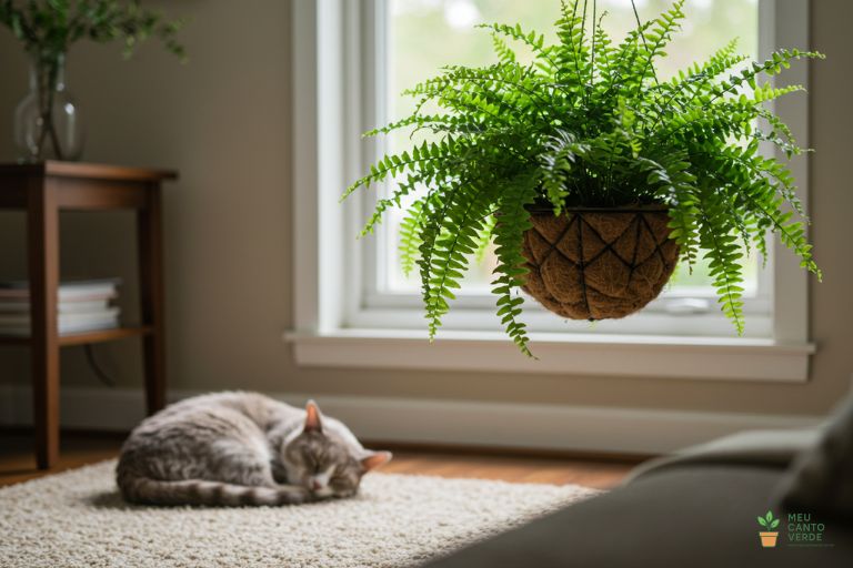 Gato dormindo tranquilamente em um sofá, com uma Samambaia exuberante pendurada em segurança acima dele.