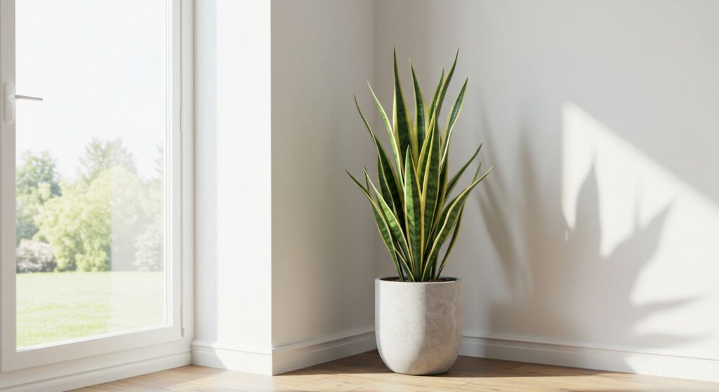 Espada-de-São-Jorge alta e imponente em um vaso de cimento, decorando um canto de uma sala moderna e bem iluminada.