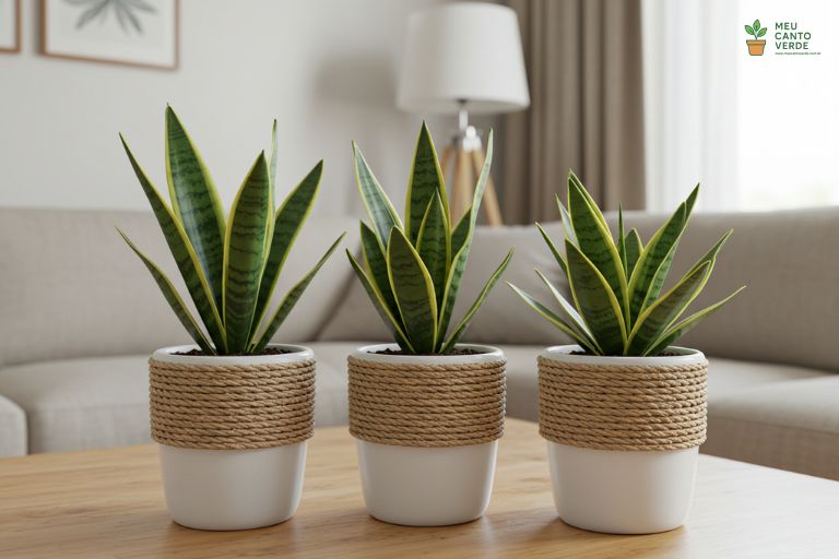 Três vasos com a planta Espada-de-São-Jorge, conhecida por purificar o ar durante a noite.