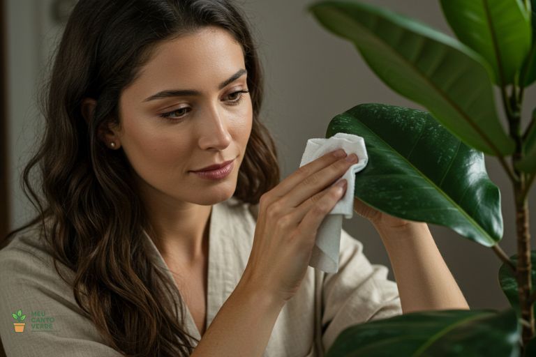 Close-up das mãos de uma mulher limpando cuidadosamente a folha de uma planta de interior com um pano branco.