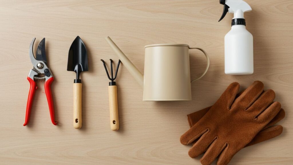 Kit de ferramentas de jardinagem para iniciantes, com tesoura de poda, regador, pá, borrifador e luvas, organizadas sobre uma superfície de madeira clara.