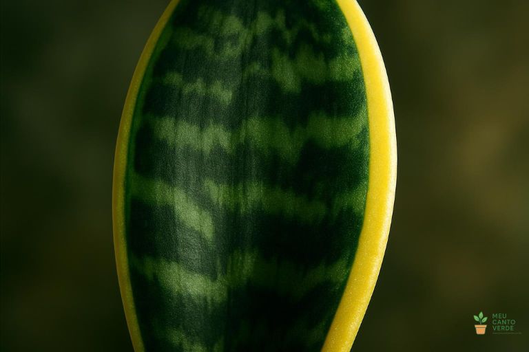 Close-up da folha de uma Espada-de-São-Jorge, mostrando a textura e os padrões rajados de verde.