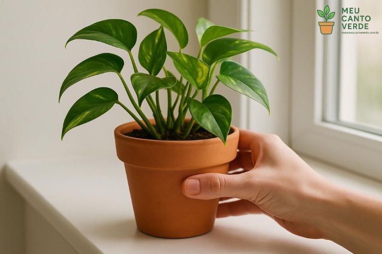 Mão de uma pessoa girando um vaso de planta no peitoril de uma janela para garantir que todos os lados recebam luz.