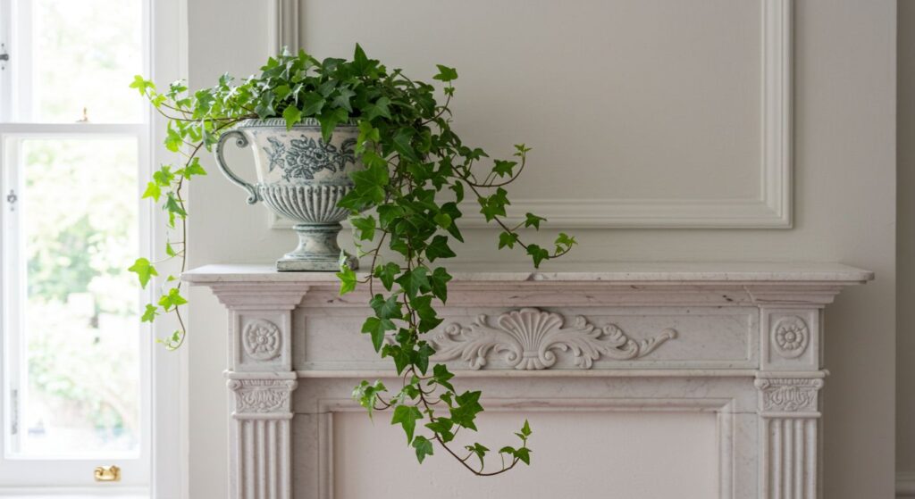 Hera Inglesa exuberante, com ramos longos caindo em cascata de um vaso sobre uma lareira elegante.