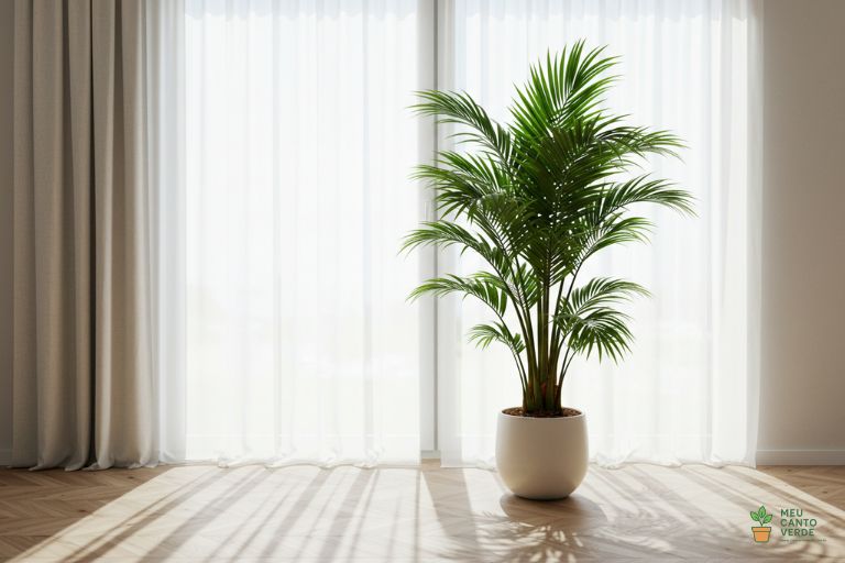 Palmeira Areca posicionada perto de uma janela com cortina, recebendo a luz indireta brilhante ideal para suas frondes.