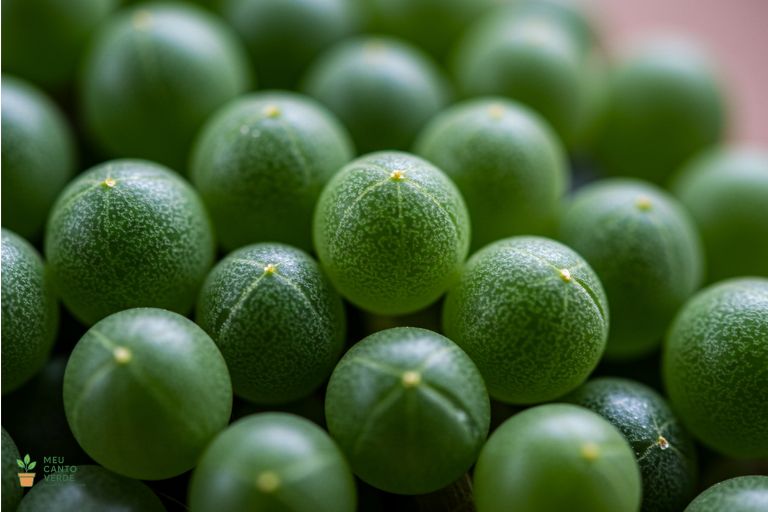 Close-up macro mostrando a forma esférica e a textura das "pérolas" verdes da Planta-Rosário.