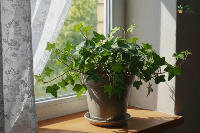 Hera Inglesa posicionada perto de uma janela, recebendo a luz indireta brilhante ideal para um crescimento saudável.