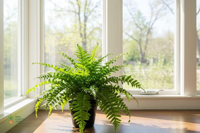 Samambaia saudável em um ambiente com luz indireta brilhante, mostrando a iluminação ideal para suas frondes delicadas.