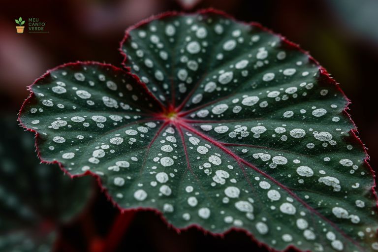 Close-up macro da folha da Begônia Maculata, destacando as pintinhas brancas e a cor avermelhada do verso.