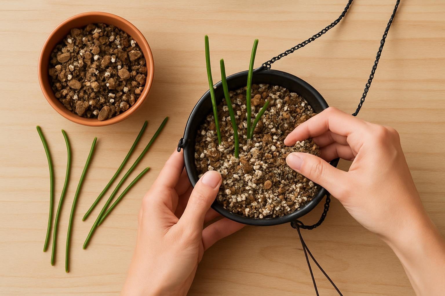 Mãos preparando um substrato leve e aerado, com casca de pinus, para o plantio de um Cacto-Macarrão.