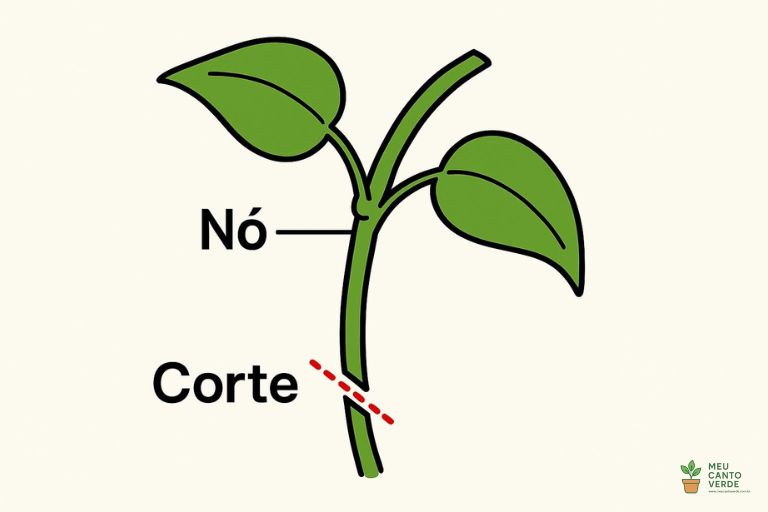 Infográfico mostrando onde cortar um galho de Jiboia para fazer mudas, destacando a localização correta do nó e do corte.
